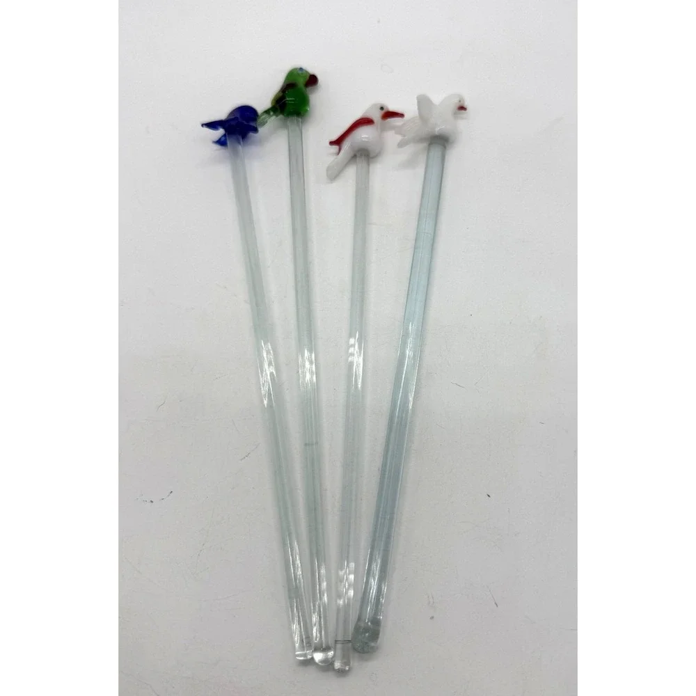 Art Glass Birds Of Britain Cocktail Glass Stirrers Set 4 Multicolor‎ Unmarked